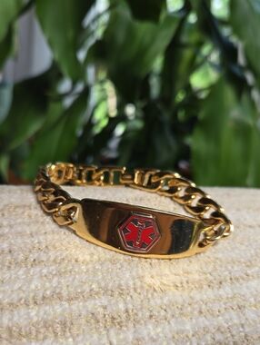Gold Medical ID Bracelet with Red Medical Emblem - Men